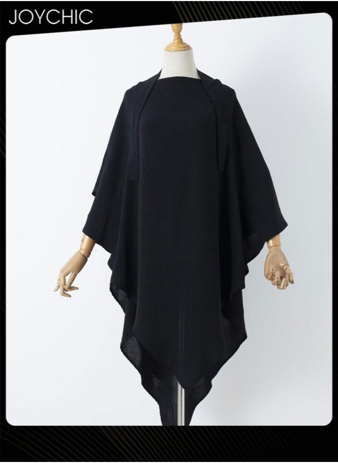 Joychic - Women Strapped Solid Color Double Layer Headscarf Sun Protection Hijab Black - Image 1