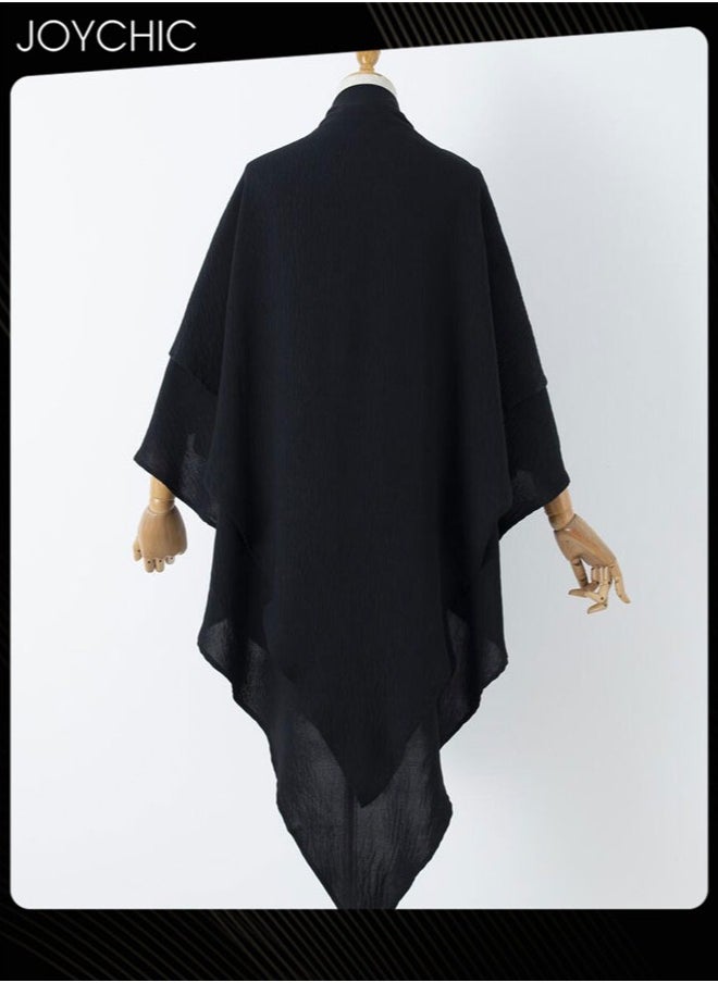 Joychic - Women Strapped Solid Color Double Layer Headscarf Sun Protection Hijab Black - Image 1