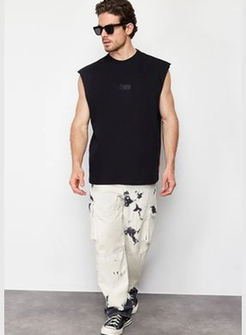 trendyol Men's Black Oversize/Wide-Fit Fluffy Text Printed Label Zero Sleeve T-Shirt/Athlete
