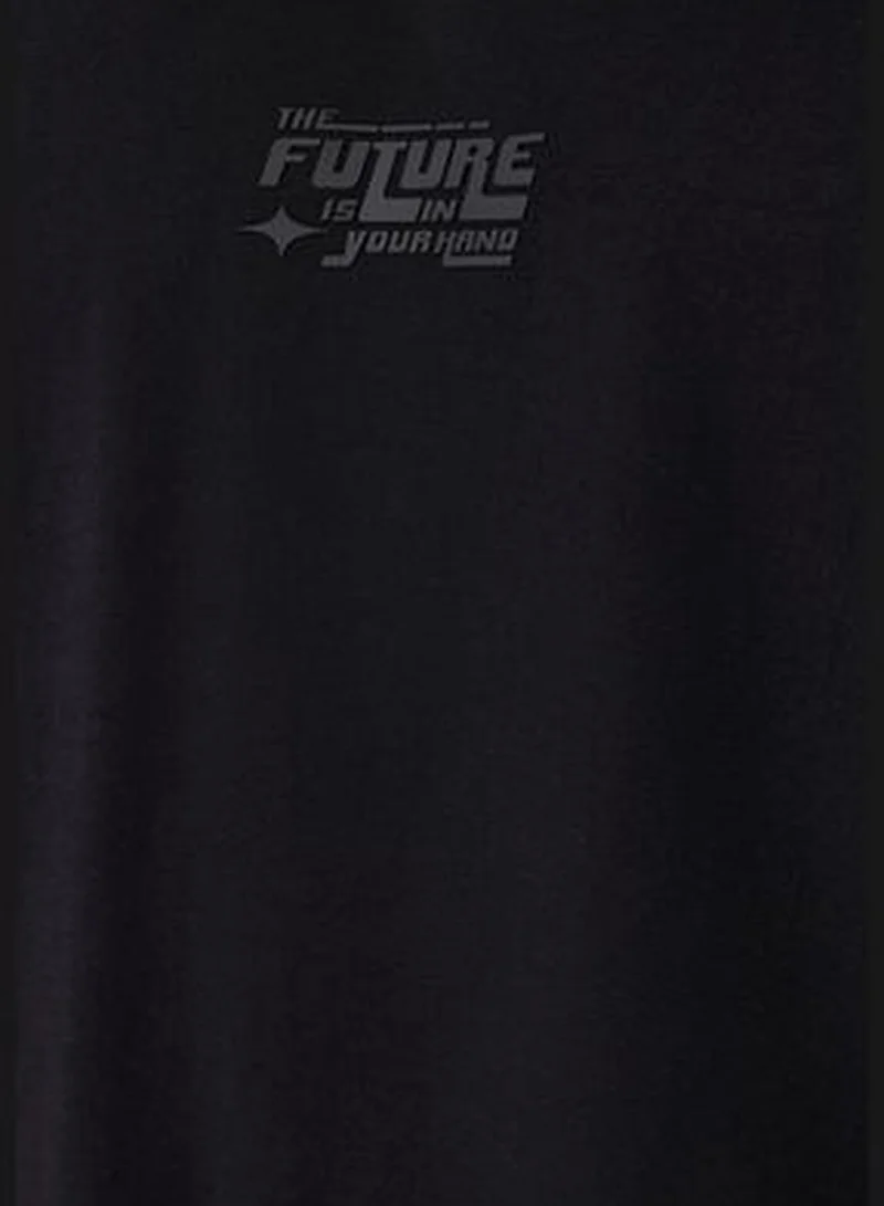 trendyol Men's Black Oversize/Wide-Fit Fluffy Text Printed Label Zero Sleeve T-Shirt/Athlete