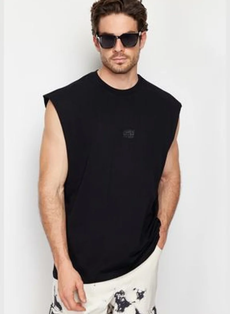 trendyol Men's Black Oversize/Wide-Fit Fluffy Text Printed Label Zero Sleeve T-Shirt/Athlete