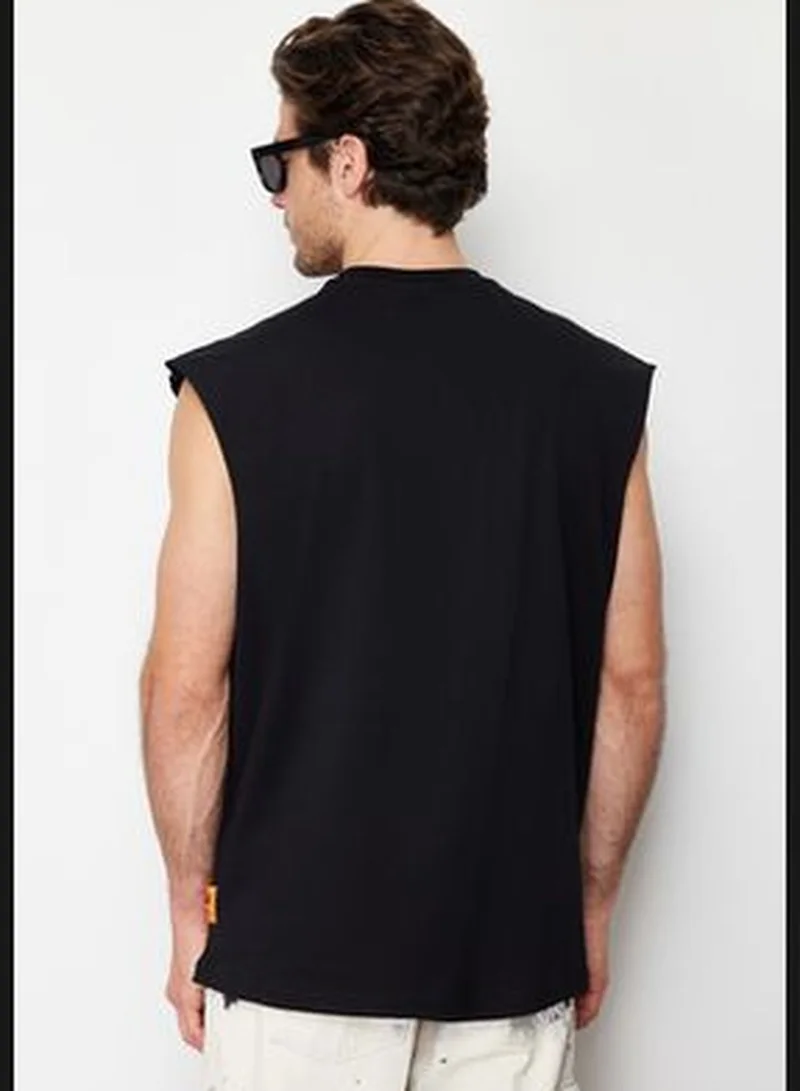 trendyol Men's Black Oversize/Wide-Fit Fluffy Text Printed Label Zero Sleeve T-Shirt/Athlete