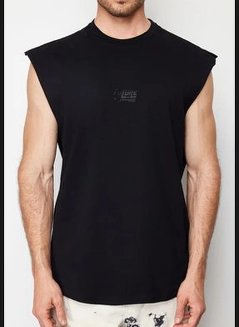 trendyol Men's Black Oversize/Wide-Fit Fluffy Text Printed Label Zero Sleeve T-Shirt/Athlete