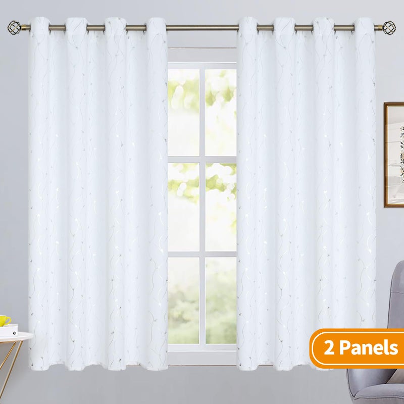 BGment Bgress غرفة الستائر الستائر 54 بوصة طويلة جروميت الستائر تعتيم معزولة حرارية مع خط الموجة ونقاط مطبوعة لغرفة النوم 2 لوحات كل 52 × 54 بوصة أبيض نقي - Image 2