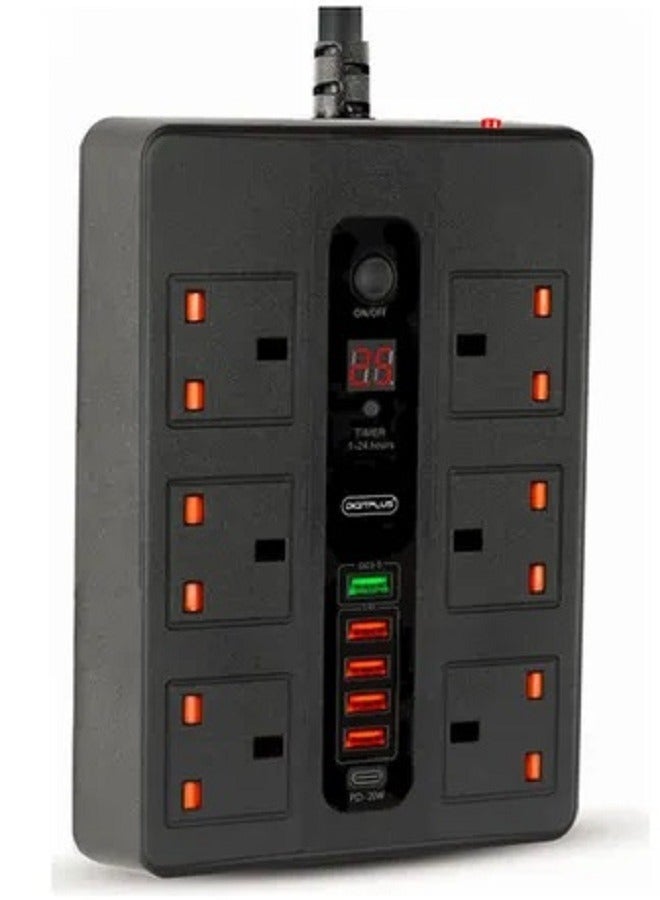 ديجيتبلس وصيلة كهربائية 3500 واط ديجت بلس 3 متر بمؤقت ذاتي 6 مداخل كهرباء 5 منافذ USB ومنفذ PD تايب سي لون أسود أسود - Image 2
