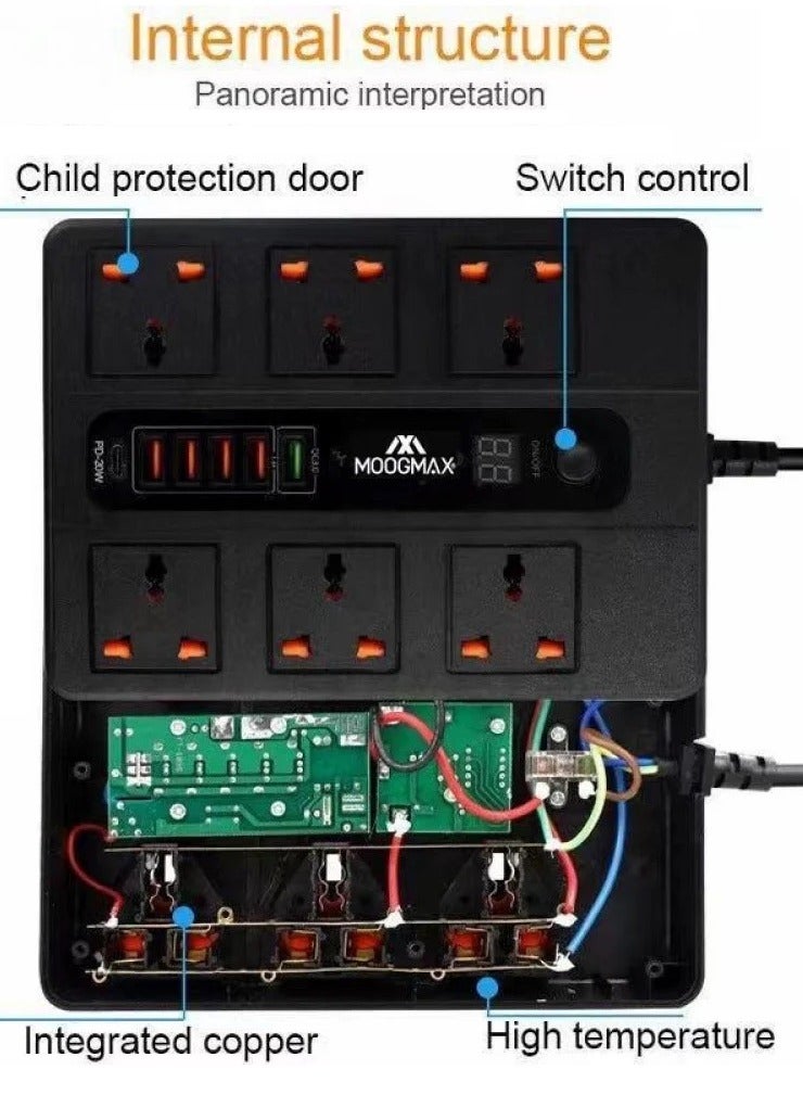 ديجيتبلس وصيلة كهربائية 3500 واط ديجت بلس 3 متر بمؤقت ذاتي 6 مداخل كهرباء 5 منافذ USB ومنفذ PD تايب سي لون أسود أسود - Image 4