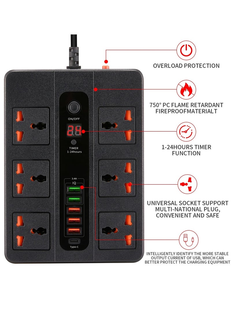 ديجيتبلس وصيلة كهربائية 3500 واط ديجت بلس 3 متر بمؤقت ذاتي 6 مداخل كهرباء 5 منافذ USB ومنفذ PD تايب سي لون أسود أسود - Image 5