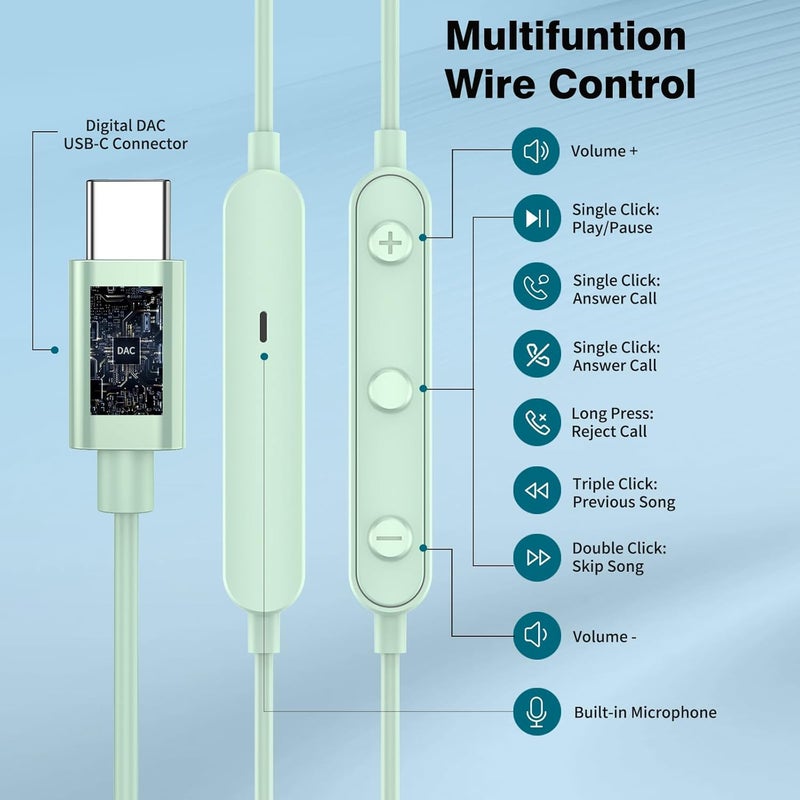 APETOO USB C Headphones for iPhone 17 16 15 Plus iPad 10th Wired Earbuds for Samsung S24 S23 S22 S21 S20 Magnetic Noise Canceling in-Ear Type C Earphones with Mic Volume Control for Pixel 9 8 7, Mint - Image 3