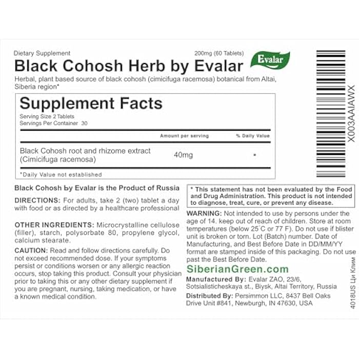 Evalar Black Cohosh Cimicifuga Herbal Extract Siberian Ci-Klim Vegan 60 Tabs - Image 4