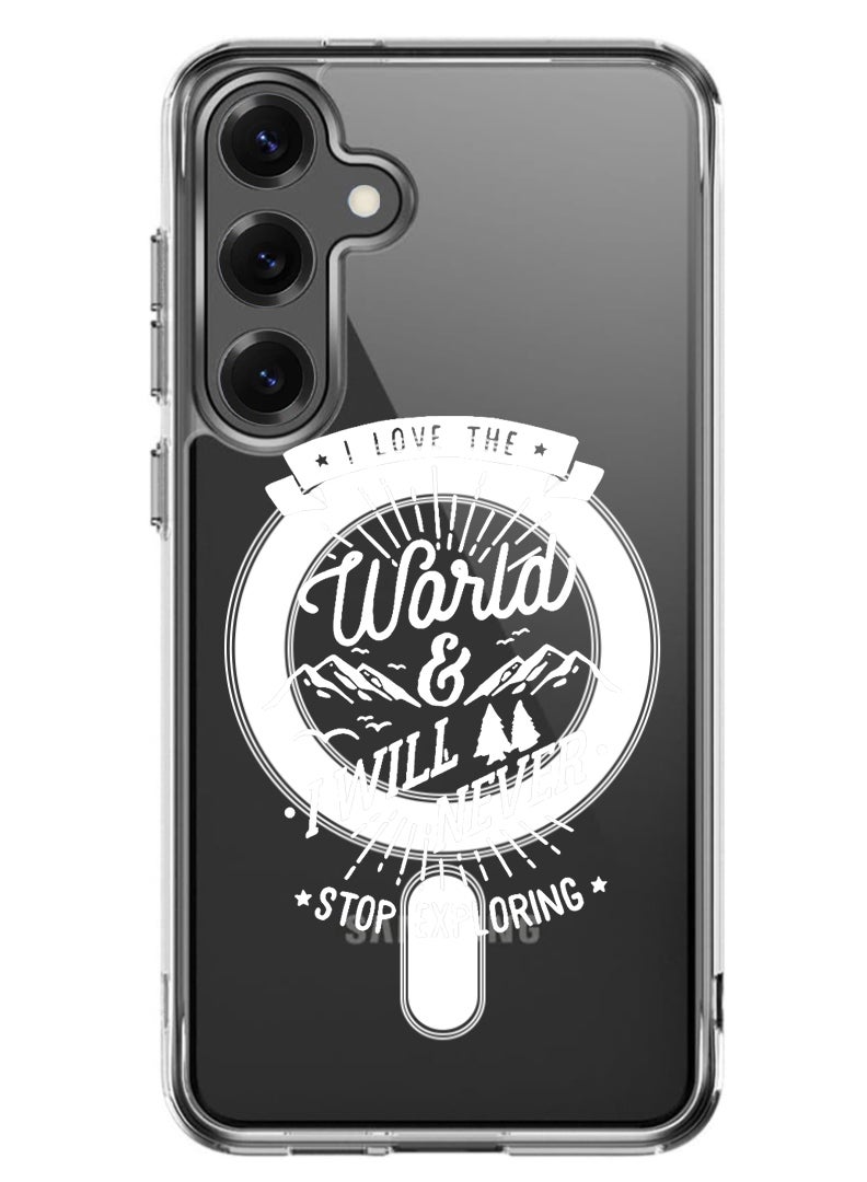 Theodor Magnetic Case for Samsung Galaxy S25 6.2-inch Compatible with MagSafe Wireless Charging, Shockproof Phone Bumper Cover I love the world - White - Image 1