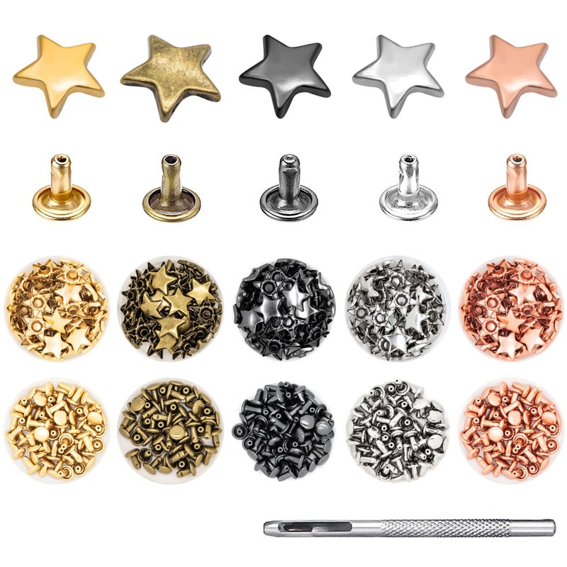 INKNOTE 250 Sets 5 Colors Metal Star Rivets Five-Pointed Nails Garment Leather Tacks Studs and Spikes for Clothing Bags Belts Dog Collar Shoes DIY Craft Accessories - Image 1