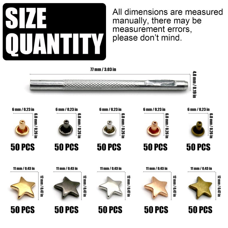 INKNOTE 250 Sets 5 Colors Metal Star Rivets Five-Pointed Nails Garment Leather Tacks Studs and Spikes for Clothing Bags Belts Dog Collar Shoes DIY Craft Accessories - Image 3