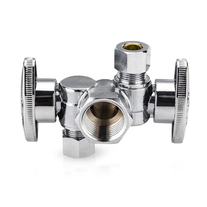 EFIELD 14 Turn Dual Compression Outlet Angle Stop Valve with 2 Shut Off ValveHandles 12 Fip Iron Pipe Inlet X 38 inch x 38 inchChrome PlatedVALVE140
