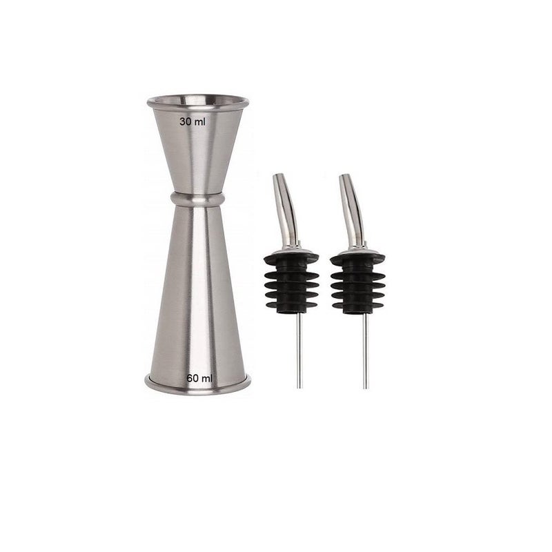 NJ OVERSEAS NJ Japanese Double Side Stainless Steel Peg Maker 30 and 60 ml, Drink Bar Tool Jigger with 2 Bottle Pourer : 3 Pcs - Image 2