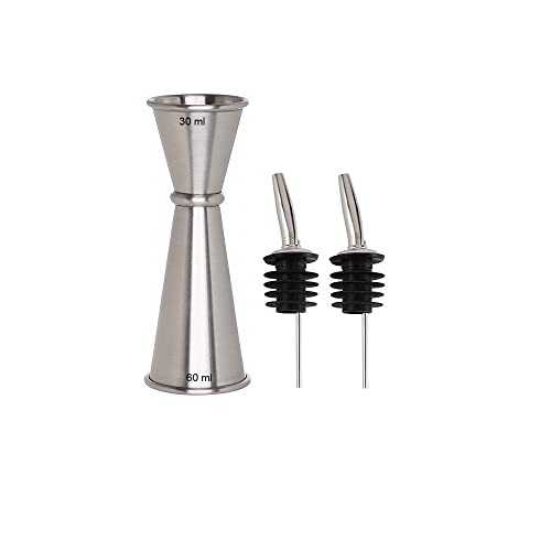 NJ OVERSEAS NJ Japanese Double Side Stainless Steel Peg Maker 30 and 60 ml, Drink Bar Tool Jigger with 2 Bottle Pourer : 3 Pcs - Image 1