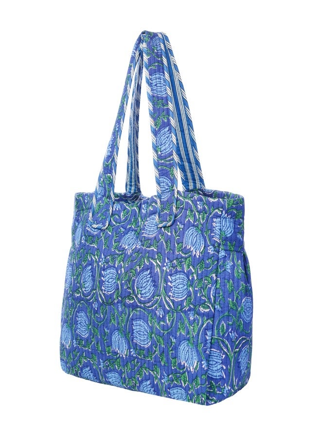 SENORA Designer Tote Bag for Women | Floral Pattern Cotton Handbag | Lightweight & Durable Shoulder Bag| cotton purse for women handbag, tote cloth bags, blue - Image 4