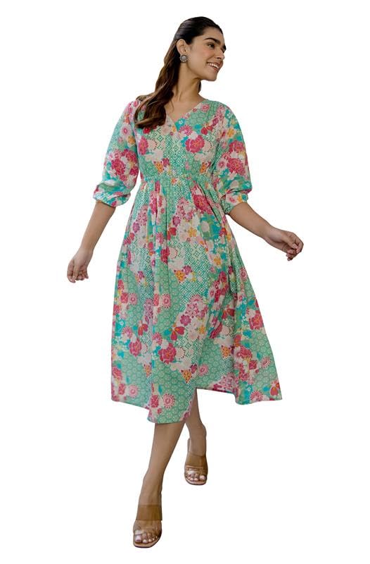Janasya Women's Sea Green Pure Cotton Floral Printed Fit & Flare Dress (JAA24DR00100-J-S) - Image 1