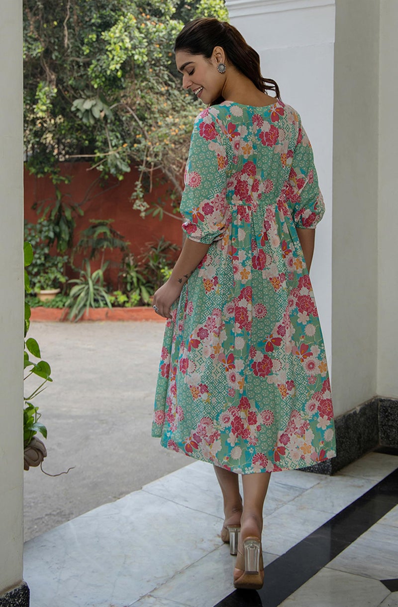 Janasya Women's Sea Green Pure Cotton Floral Printed Fit & Flare Dress (JAA24DR00100-J-S) - Image 3