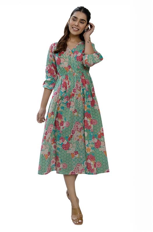 Janasya Women's Sea Green Pure Cotton Floral Printed Fit & Flare Dress (JAA24DR00100-J-S) - Image 5