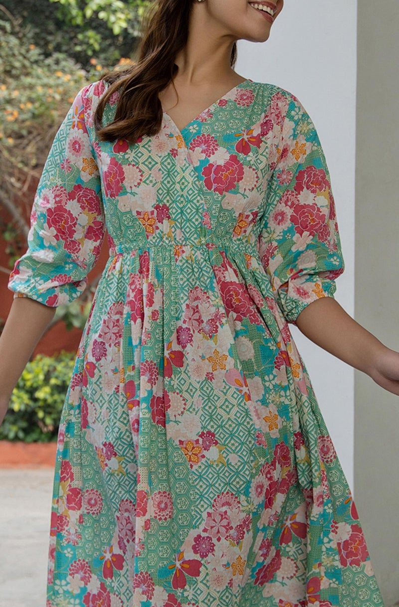 Janasya Women's Sea Green Pure Cotton Floral Printed Fit & Flare Dress (JAA24DR00100-J-S) - Image 2