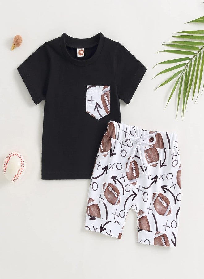 Rtnnsbbfcm Newborn Baby Boy Summer Clothes Short Sleeve Front Pocket T-shirt Top Football Print Shorts 2Pcs Casual Outfit (12-18 Months,Black) - Image 2