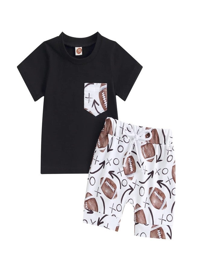 Rtnnsbbfcm Newborn Baby Boy Summer Clothes Short Sleeve Front Pocket T-shirt Top Football Print Shorts 2Pcs Casual Outfit (12-18 Months,Black) - Image 1
