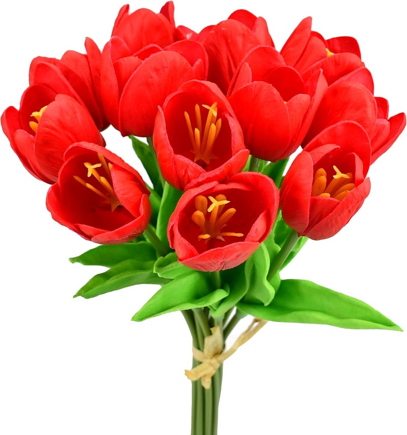 Mandy's Artificial Tulips 12 Stems Red Partially Open PU Faux Flowers for Wedding Home Decor 13.5 Inch - Image 1