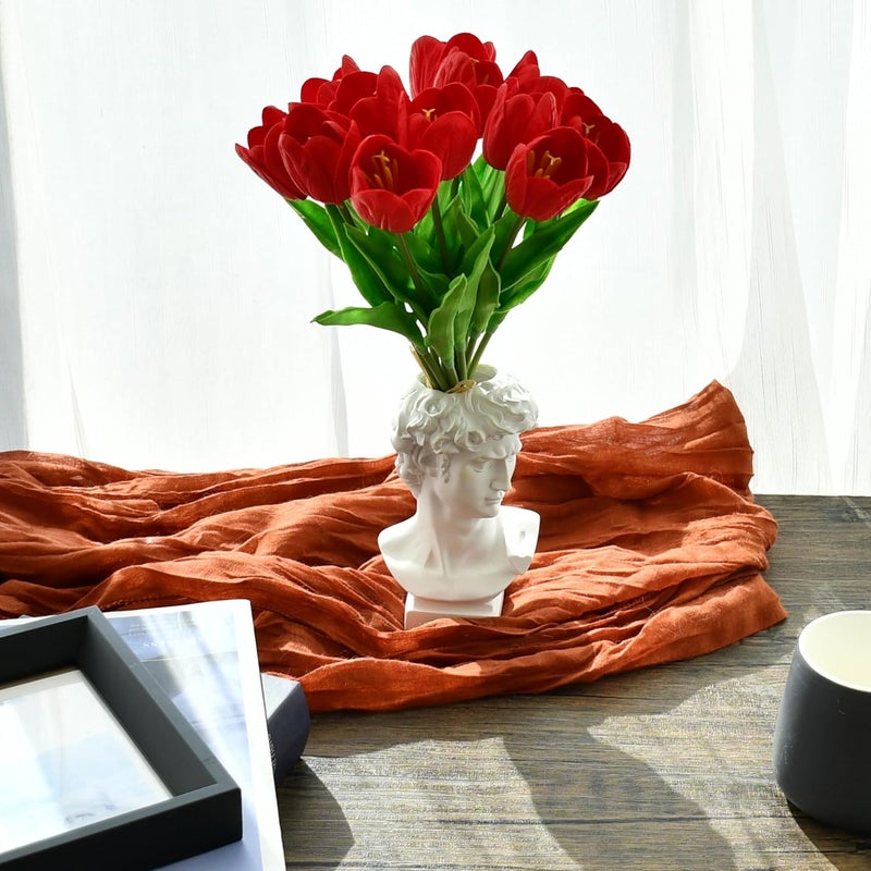 Mandy's Artificial Tulips 12 Stems Red Partially Open PU Faux Flowers for Wedding Home Decor 13.5 Inch - Image 4
