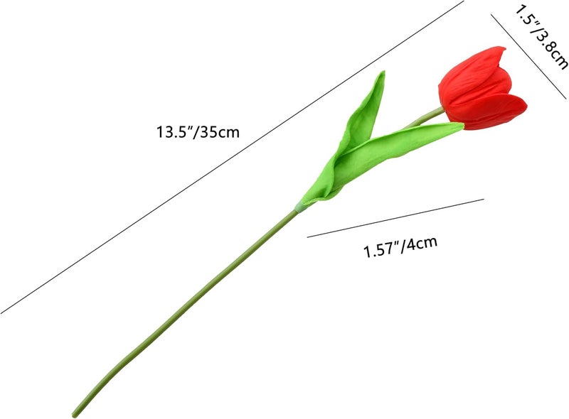 Mandy's Artificial Tulips 12 Stems Red Partially Open PU Faux Flowers for Wedding Home Decor 13.5 Inch - Image 2