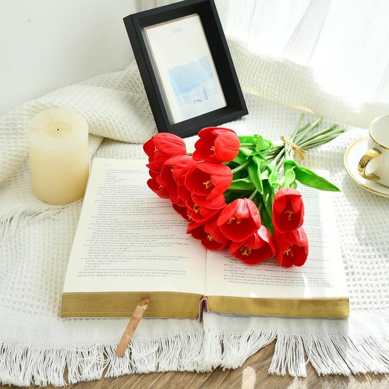 Mandy's Artificial Tulips 12 Stems Red Partially Open PU Faux Flowers for Wedding Home Decor 13.5 Inch - Image 3