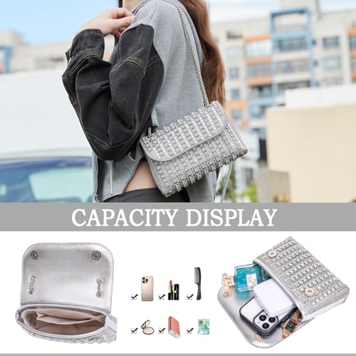 BBTT.ful Rhinestone Evening Handbags for Women Shoulder Bags Crossbody Bag Bling Bling Crystals Clutch Purse with Chain (Silver) - Image 2