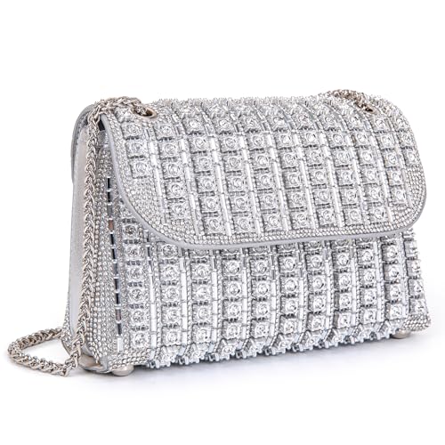 BBTT.ful Rhinestone Evening Handbags for Women Shoulder Bags Crossbody Bag Bling Bling Crystals Clutch Purse with Chain (Silver) - Image 1