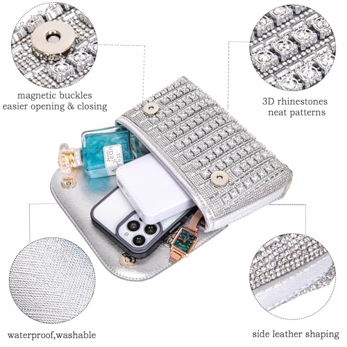 BBTT.ful Rhinestone Evening Handbags for Women Shoulder Bags Crossbody Bag Bling Bling Crystals Clutch Purse with Chain (Silver) - Image 4