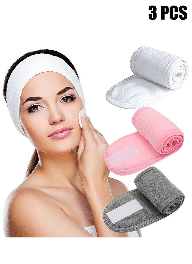 اتش واي عصابة شعر - 3 قطع عقال سبا للنساء ، حزام شعر مكياج قابل للتعديل فائق النعومة مع شريط سحري ، لغسل الوجه دش دش قناع الوجه اليوغا (أبيض ، وردي ، رمادي)  - Image 1
