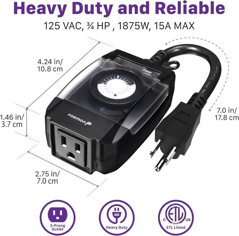 Fosmon C-10707US Outdoor 15A 24-Hour Mechanical Light Timer, 3-Prong ETL Listed Water Resistance and Heavy Duty Grounded Outlet with 7inch Power Cord - Black, 2 Pack - Image 3
