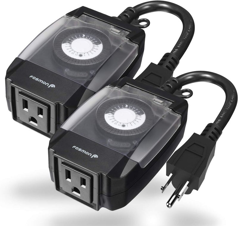 Fosmon C-10707US Outdoor 15A 24-Hour Mechanical Light Timer, 3-Prong ETL Listed Water Resistance and Heavy Duty Grounded Outlet with 7inch Power Cord - Black, 2 Pack - Image 1