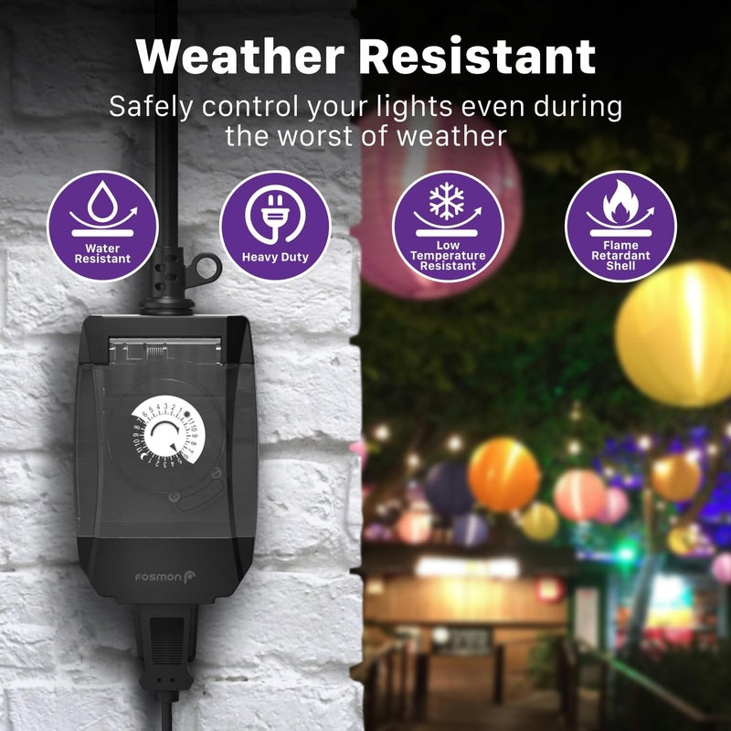 Fosmon C-10707US Outdoor 15A 24-Hour Mechanical Light Timer, 3-Prong ETL Listed Water Resistance and Heavy Duty Grounded Outlet with 7inch Power Cord - Black, 2 Pack - Image 2