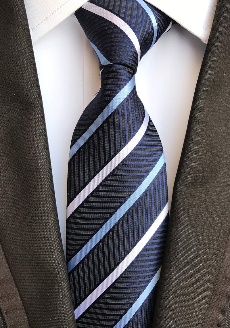 Elfeves Men Stripe Navy Blue and White Jacquard Tie Formal Necktie For Big Boy Youth Son - Image 2