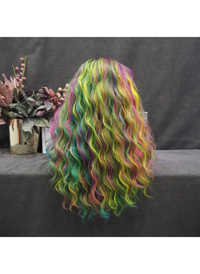 IMSTYLE Multicolor Lace Front Wigs Rainbow Colorful Green Wigs Loose Curl Dark Root Synthetic Hair Wig Heat Resistant With Natural Hairline 22 Inch  - Image 5