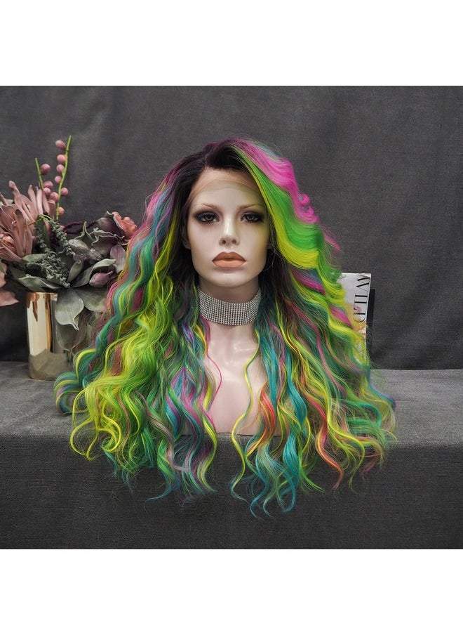 IMSTYLE Multicolor Lace Front Wigs Rainbow Colorful Green Wigs Loose Curl Dark Root Synthetic Hair Wig Heat Resistant With Natural Hairline 22 Inch  - Image 2