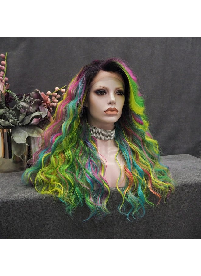 IMSTYLE Multicolor Lace Front Wigs Rainbow Colorful Green Wigs Loose Curl Dark Root Synthetic Hair Wig Heat Resistant With Natural Hairline 22 Inch  - Image 3