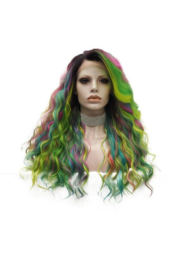 IMSTYLE Multicolor Lace Front Wigs Rainbow Colorful Green Wigs Loose Curl Dark Root Synthetic Hair Wig Heat Resistant With Natural Hairline 22 Inch  - Image 4
