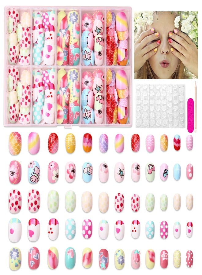 Wsimily 120Pcs Press on Nails for Kids, Wsimily Colorful Short Fake Nails for Children, Acrylic Full Cover False Nails, Fun and Safe Nail Art Kits for Girls with Jelly Nail Adhesives - Image 1