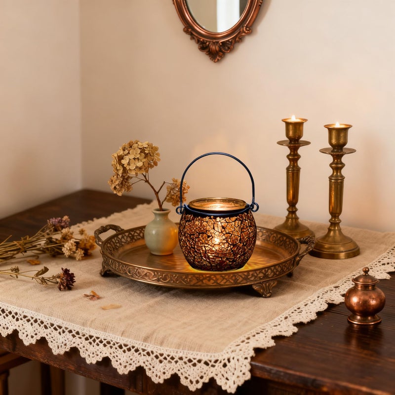 Rancco Candle Holder Mosaic Glass Tea Light Holder, Votive Candle Holders with Handle for Thanksgiving Table Centerpiece Christmas Party Decor,Also Used as Vase,Pen Holder,Potted Plants Bowl (Amber) - Image 4