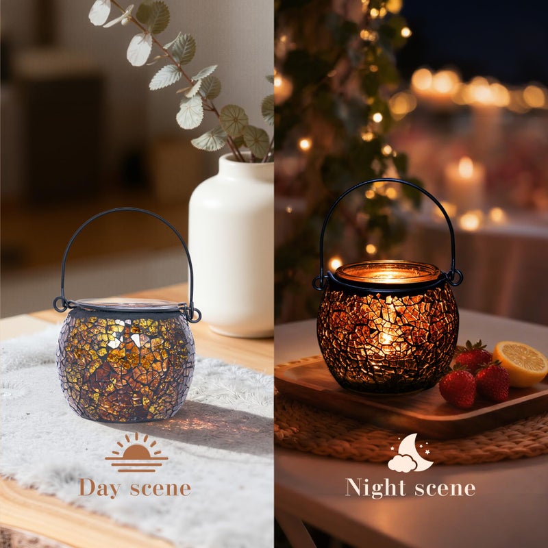 Rancco Candle Holder Mosaic Glass Tea Light Holder, Votive Candle Holders with Handle for Thanksgiving Table Centerpiece Christmas Party Decor,Also Used as Vase,Pen Holder,Potted Plants Bowl (Amber) - Image 5