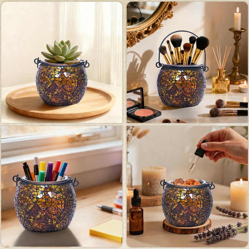 Rancco Candle Holder Mosaic Glass Tea Light Holder, Votive Candle Holders with Handle for Thanksgiving Table Centerpiece Christmas Party Decor,Also Used as Vase,Pen Holder,Potted Plants Bowl (Amber) - Image 3