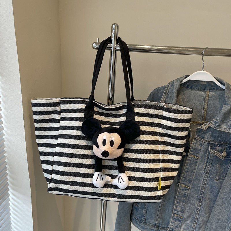 Large Capacity Bag Women'S Fashion Striped Student Class Bag All-Match Canvas Tote Bag - Image 1