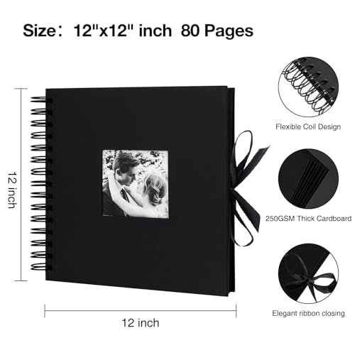 potricher 12x12 Inch DIY Scrapbook Photo Album Hardcover Blank Kraft Paper Scrap book for Wedding Anniversary Family (Black) - Image 2