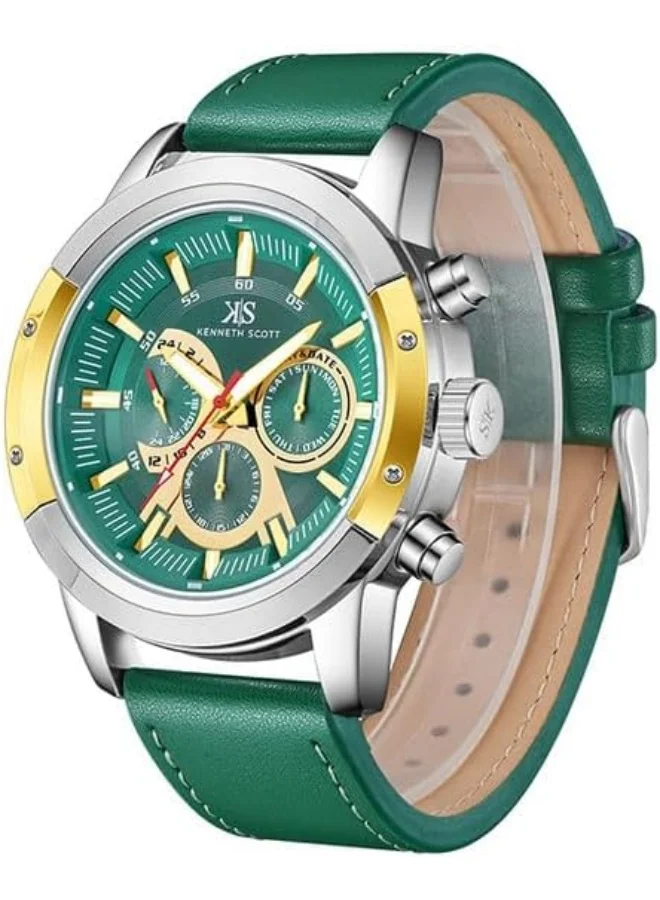 KENNETH SCOTT Kenneth Scott Men's Epson VX9J Movement Watch, Analog Display and Leather Strap - K24121-SLHHG, Green