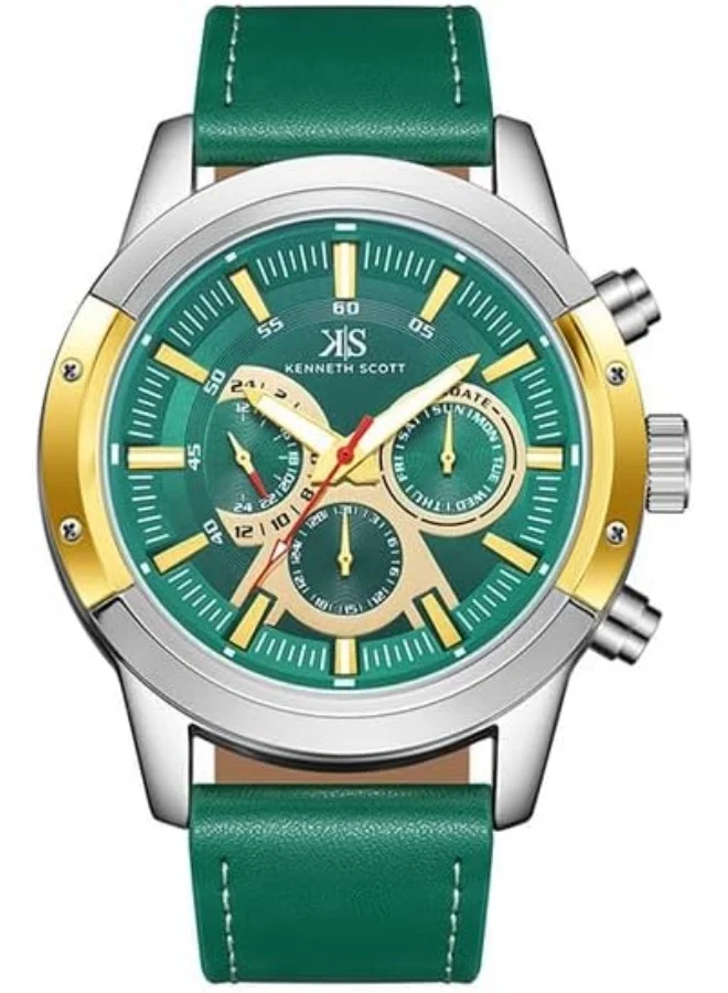 KENNETH SCOTT Kenneth Scott Men's Epson VX9J Movement Watch, Analog Display and Leather Strap - K24121-SLHHG, Green